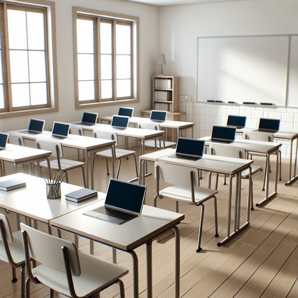 An empty classroom with laptops on every desk