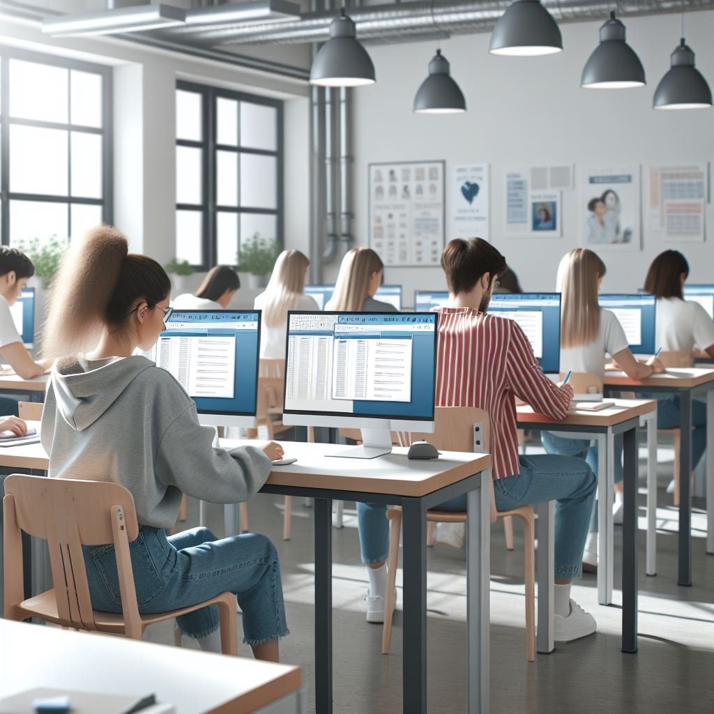 Students taking an English language assessment on their classroom computers